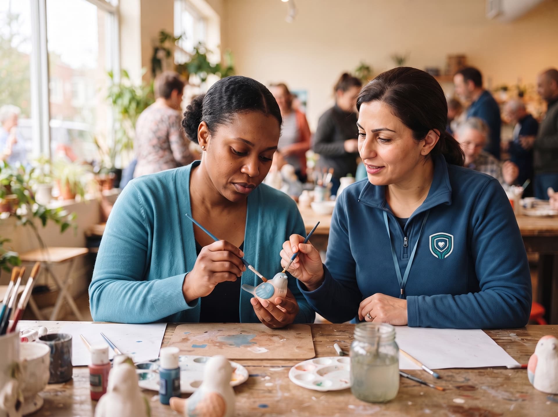 A support worker and client with a disability collaborating on a community activity