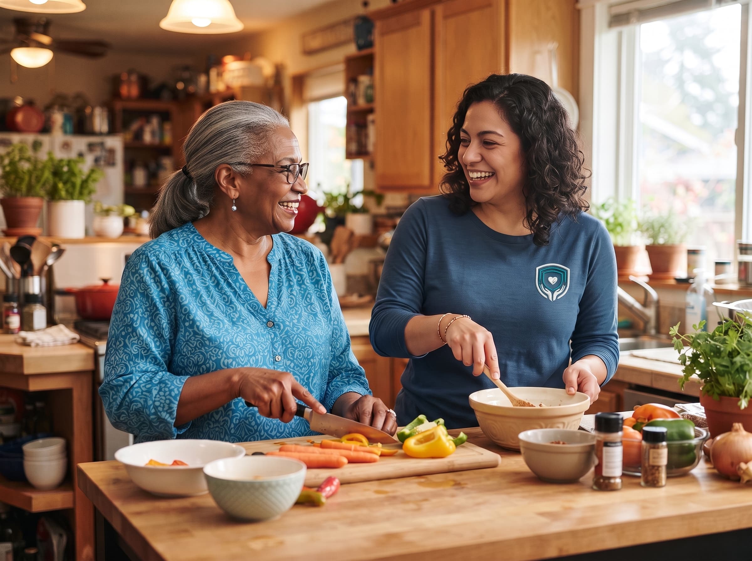 A caregiver and client preparing a meal together at home