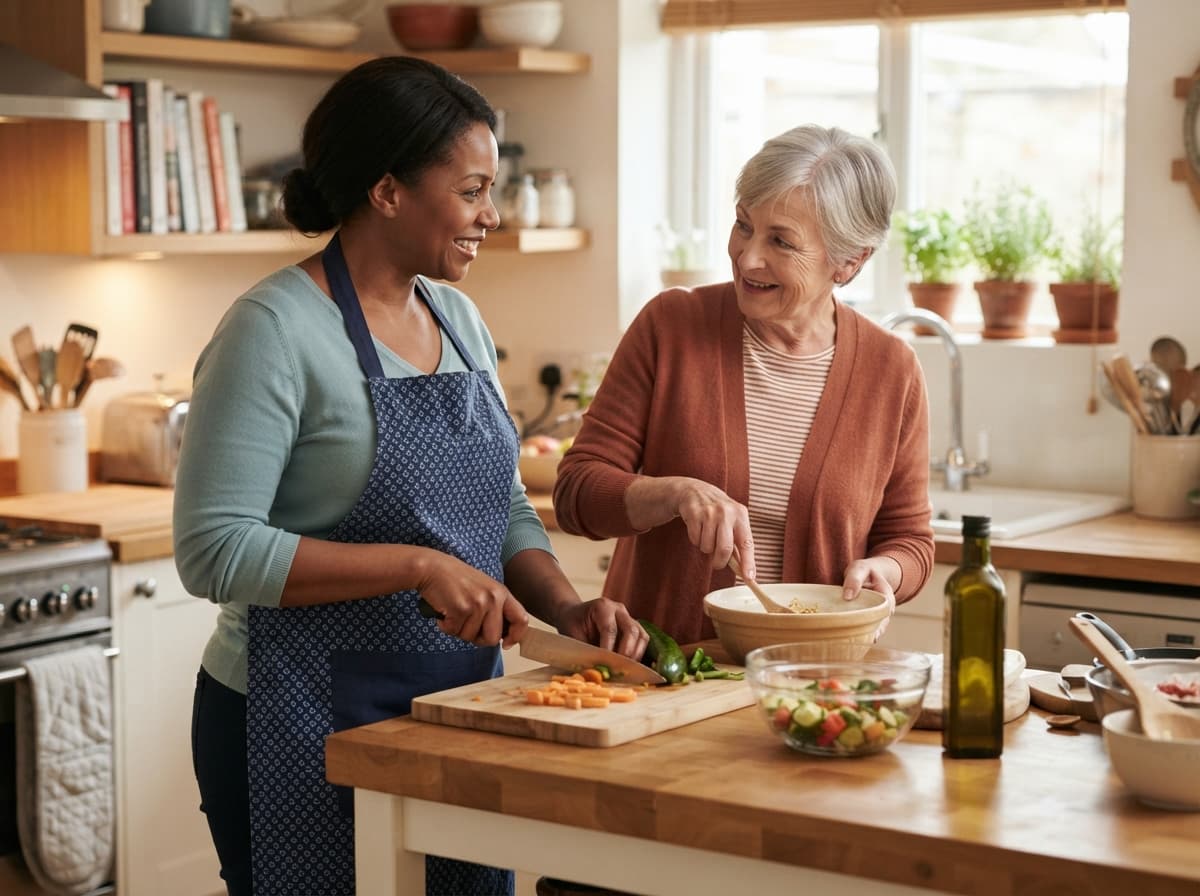 A senior enjoying tea with a caregiver in a bright living room
