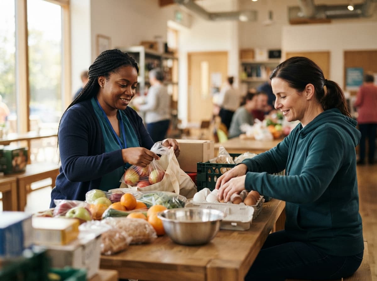 An individual and a support worker shopping together in a grocery store